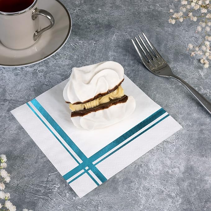 Light Blue on White Cocktail Napkins - 100 Pack, 5" x 5", 3-Ply Paper - Style Name: Blissful Crossing