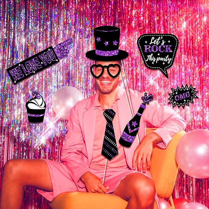 CC HOME 36Pcs Happy Birthday Photo Booth Props, Glitter Purple Birthday Party Decorations Party Favor for Forever Young Cheers Party Time Birthday Party Supplies Party Essentials