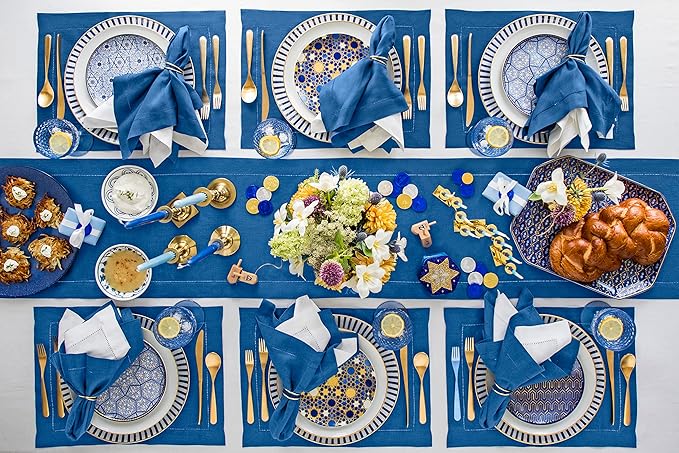 Solino Home Linen Placemats Set of 4 - Classic Hemstitch Indigo Blue Placemats 14 x 19 Inch - 100% Pure Linen Table Mats for Fall, Autumn, Christmas, Holiday, Winter, New Year