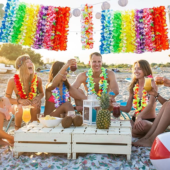 100pcs Luau Party Decorations, Silk Hawaiian Leis Tropical Flower Necklaces, Colorful Hula Dance Bulk Leis Decor, Flower Hawaiian Leis for Summer Beach Pool Theme Party Decorations Favors Supplies