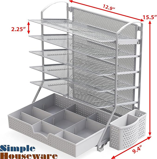 Simple Houseware 6-Tier Desk Document File Tray Organizer with Supplies Sliding Drawer, Silver