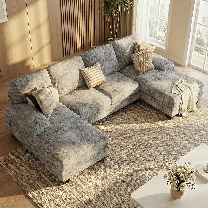Homall Modular Sectional U Shaped Sofa Couches for Living Room, Comfy Chenille 4 Seat Sofa Set with Removable Pillows, Lounge Chaise Upholstered Couch for Apartment (Chenille, Grey)