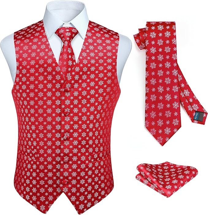 HISDERN Men's Suit Vest Christmas Holiday Season Party Jacquard Waistcoats Necktie Pocket Square Vest Suit Set