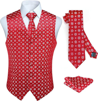 HISDERN Men's Suit Vest Christmas Holiday Season Party Jacquard Waistcoats Necktie Pocket Square Vest Suit Set