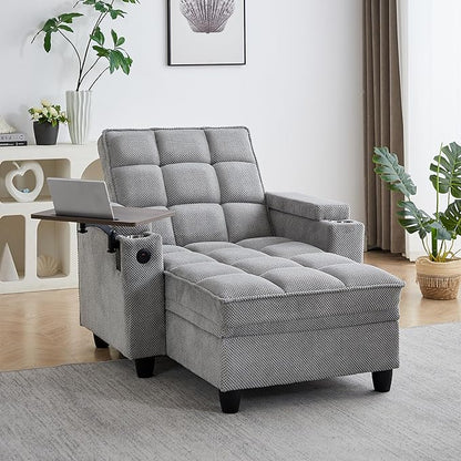 41.7" Oversized Chaise Lounge Chair Indoor, Boucle Upholstered Sofa Bed with Adjustable Backrest, Deep Seat Reading Chair, Sofas Couches for Living Room, Storage, Cup Holders & 360° Swivel Side Table