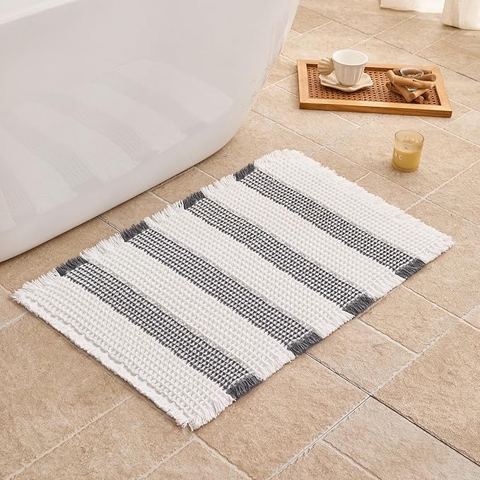 Waffle Bath Mat Non Slip, Boho Bathroom Rug, Super Absorbent Quick Dry Bathroom Mat, Soft Farmhouse Bath Rug with Tassels, Small Washable Shower Mats for Floor 20"x32", White and Grey