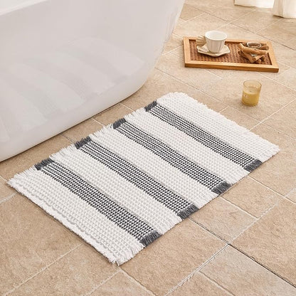 Waffle Bath Mat Non Slip, Boho Bathroom Rug, Super Absorbent Quick Dry Bathroom Mat, Soft Farmhouse Bath Rug with Tassels, Small Washable Shower Mats for Floor 16"x24", White and Grey