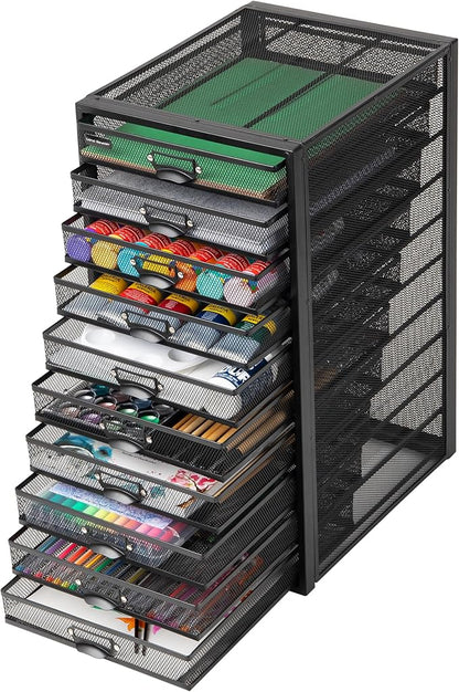 Mind Reader 10-Drawer Desk Organizer for Office Supplies, Crafts, Mail Sorting & More, Metal Mesh, 10.75"L x 14"W x 21.25"H, Black
