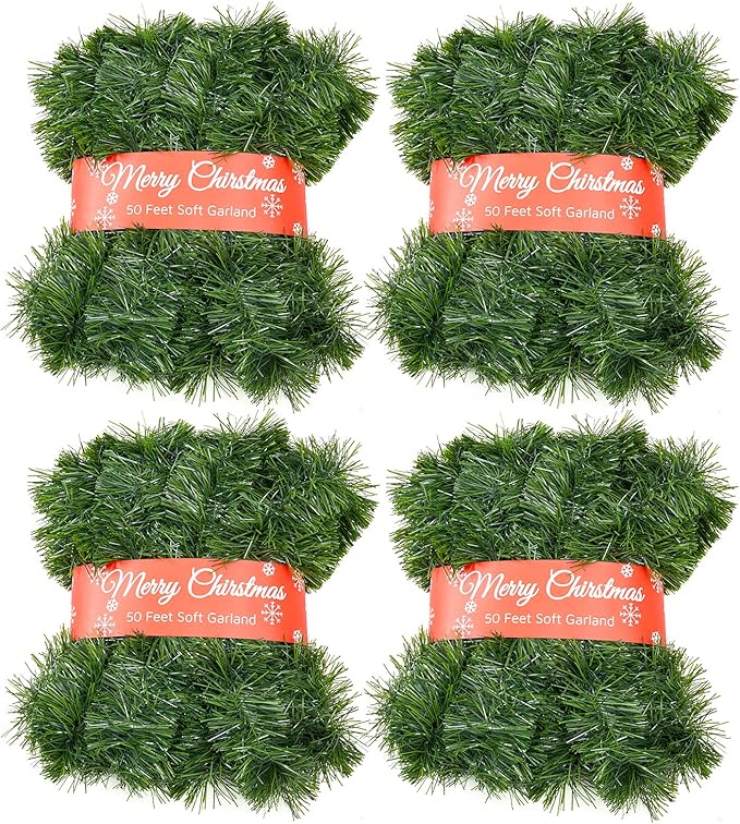4 Pack 50 Foot Soft Christmas Garland, Non-lit Christmas Garland Ideal for Indoor and Outdoor Decor, Green Tinsel Garland for Holiday Wedding Party Decoration
