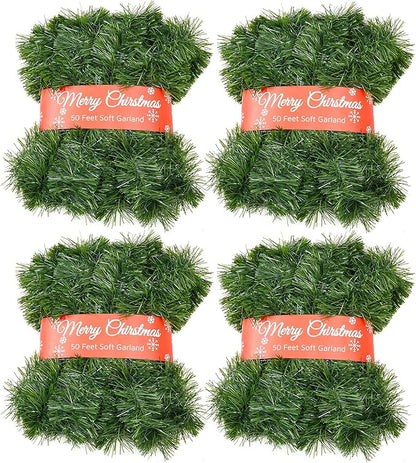 4 Pack 50 Foot Soft Christmas Garland, Non-lit Christmas Garland Ideal for Indoor and Outdoor Decor, Green Tinsel Garland for Holiday Wedding Party Decoration