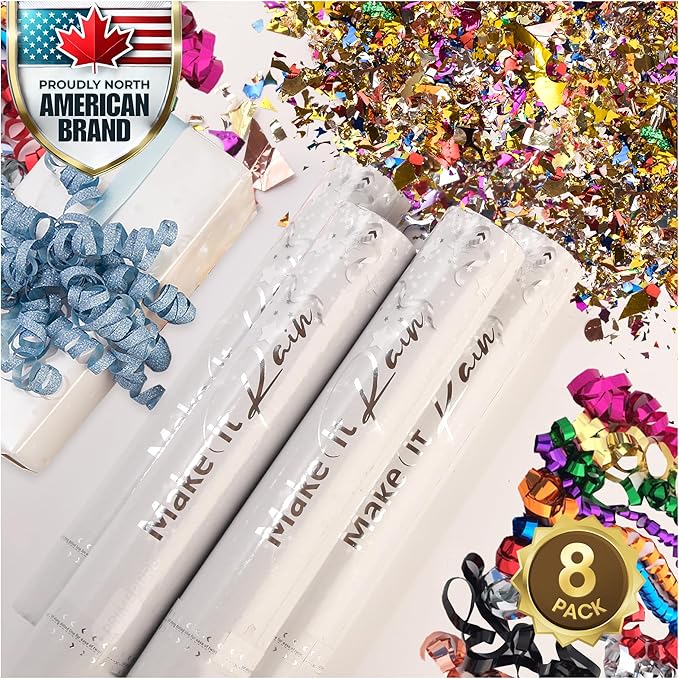 PrimePure Confetti Cannon Party Poppers - Metallic Foil Multicolor Confetti Poppers & Streamers - 8 Pack - NYE Party Cannon Glitter Bomb Pop Gun for New Years Eve 2026, Birthday, Celebration, Pranks