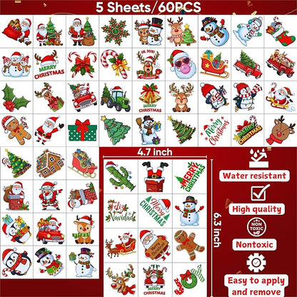 Christmas Temporary Tattoos | Christmas Decorations Party Favors Accessories Goodie Bags Stocking Stuffers Stickers Xmas Santa Claus Reindeer Snowman Gift Idea For Kids Boy Girl Teen Adult-60Pcs