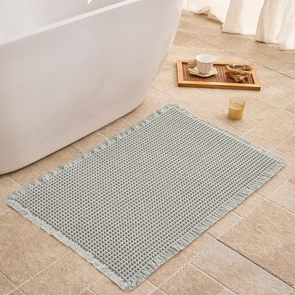Waffle Bath Mat Non Slip, Boho Bathroom Rug, Super Absorbent Quick Dry Bathroom Mat, Soft Farmhouse Bath Rug with Tassels, Small Washable Shower Mats for Floor 20"x32", Light Grey