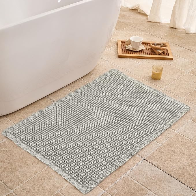 Waffle Bath Mat Non Slip, Boho Bathroom Rug, Super Absorbent Quick Dry Bathroom Mat, Soft Farmhouse Bath Rug with Tassels, Small Washable Shower Mats for Floor 16"x24", Light Grey