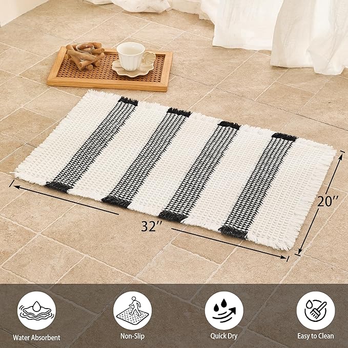 Waffle Bath Mat Non Slip, Boho Bathroom Rug, Super Absorbent Quick Dry Bathroom Mat, Soft Farmhouse Bath Rug with Tassels, Small Washable Shower Mats for Floor 20"x32", White and Black