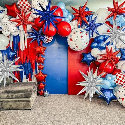 Red Blue Silver Star Balloons,9Pcs 22Inch Blue Red Silver Explosion Spike Cone Helium Star Foil Balloons for 4th of July Independence Birthday Anniversary Usa Patriotic Party Decorations