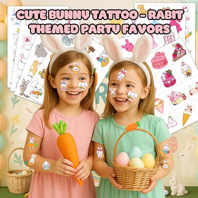 8 Sheets (96PCS) Bunny Pre-Cut Temporary Tattoos for Kids – Cute Bunny Birthday Party Favors Supplies Decorations, Easter Egg Carrot Tattoo Stickers for Boys and Girls, Classroom Rewards and Prizes