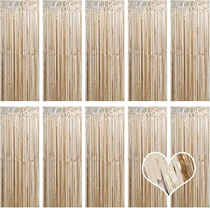 10 Pack Champagne Gold Backdrop Curtain 3.2ft x 8.2ft Metallic Tinsel Foil Fringe Curtains Photo Booth Background for Birthday Party Decoration Engagement Wedding Christmas Decor (Champagne Gold)