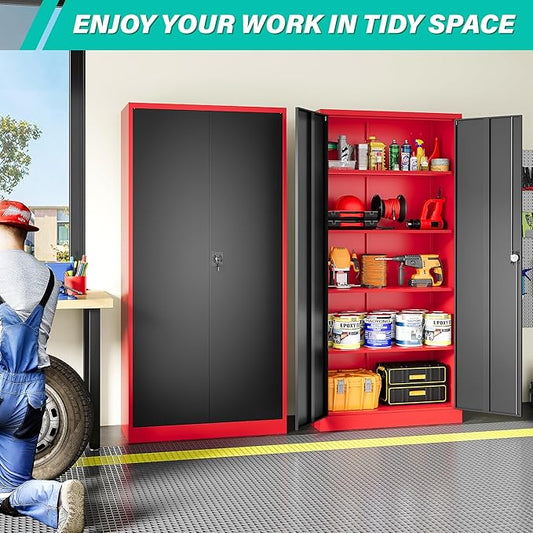 SISESOL Wide & Deep Metal Storage Cabinet with Lock & Adjustable Shelves,72" Red Black Garage Storage Cabinet with Locking Doors,Lockable Cabinets for Home,Office,Shop,Garage,Basement 72x36x18