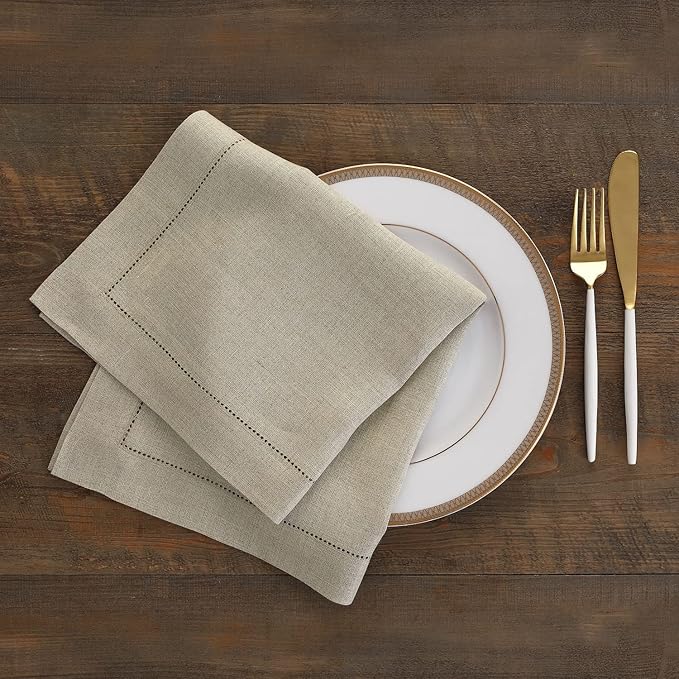 Solino Home Natural Linen Napkins Set of 6-100% Pure Linen Hemstitch Dinner Napkins 20 x 20 Inch for Fall, Autumn, Christmas, Holiday, New Year - Classic Hemstitch