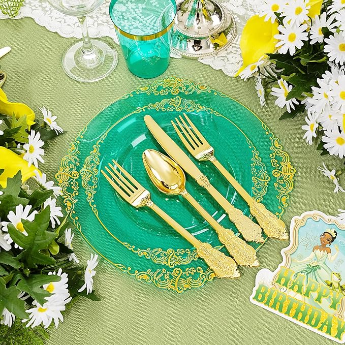 Hioasis 350pcs Clear Green Plastic Plates - Elegant Disposable Dinnerware Set Suitable for 50 Guests Include 10.25" Dinner & 7.5" Dessert Plates, Cutlery, Napkins, Cups for Party & Christmas
