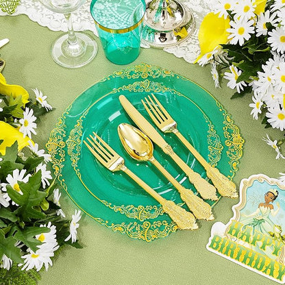 Hioasis 175pcs Clear Green Plastic Plates - Elegant Disposable Dinnerware Set Suitable for 25 Guests Include 10.25" Dinner & 7.5" Dessert Plates, Cutlery, Napkins, Cups for Party & Wedding