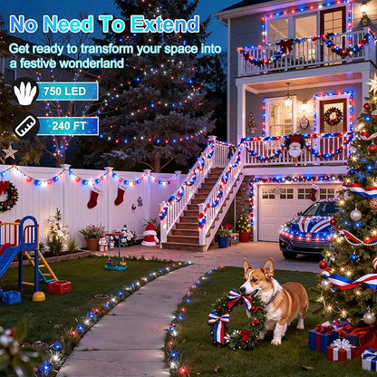240FT 750LED Christmas Lights,12 Modes Red Blue and White Outdoor String Lights with Timer Dimmable, Waterproof Green Wire Christmas String Lights for Indoor Tree Xmas Patio Fence Wedding Party Decor