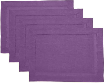 Solino Home Linen Placemats Set of 4 - Classic Hemstitch Purple Placemats 14 x 19 Inch - 100% Pure Linen Table Mats for Fall, Autumn, Winter, Holiday, Christmas, New Year