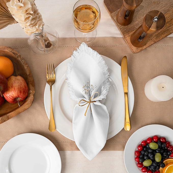 Blue Needles Handmade Cotton Linen Cloth Napkins with Fringes - Set of 6 Ivory Dinner Table Napkins 18x18 Inch Hemmed Edges Washable, Soft, Reusable, Perfect for Fall Thanksgiving & Family Dinner
