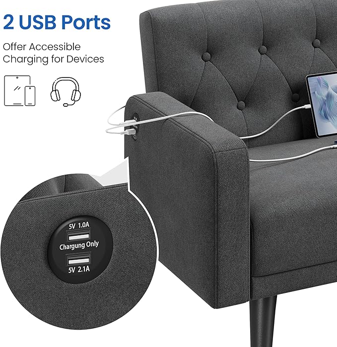 Yaheetech 63" Convertible Couch Small Futon Sofa Bed with 2 USB Ports, Reclining Backrest & Removable Armrests, Mid Century Modern Loveseat for Living Room, Apartment, Office, Dark Gray