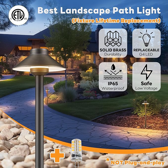 Gardenreet Brass Low Voltage Path Lights - 12V Landscaping Pathway Light IP65 Waterproof, Wired Walkway Lighting Outdoor, LED Antique Bronze for Lawn Backyard with 3W 5000K Daylight G4 Bulb (8 Pack)