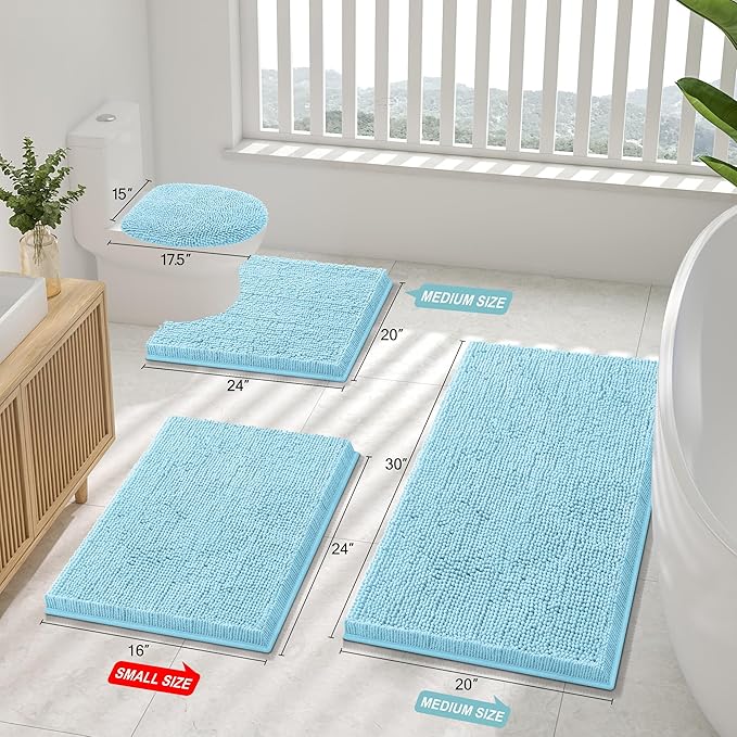 Smiry Luxury Chenille Bathroom Rugs 47x20, Extra Soft and Absorbent Shaggy Bath Mat, Machine Washable, Non-Slip Plush Carpet Runner for Tub, Shower, and Floor, Home Decor Accessories, Sky Blue