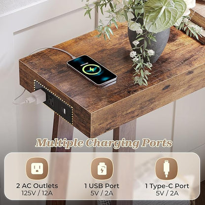 Huuger Entryway Console Table with Charging Station, USB-C Port, 53.9 Inch Sofa Table with Metal Legs, Entry Hallway Table with Thicker Desktop, Modern Behind Couch Table, Rustic Brown