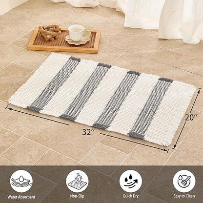 Waffle Bath Mat Non Slip, Boho Bathroom Rug, Super Absorbent Quick Dry Bathroom Mat, Soft Farmhouse Bath Rug with Tassels, Small Washable Shower Mats for Floor 20"x32", White and Grey