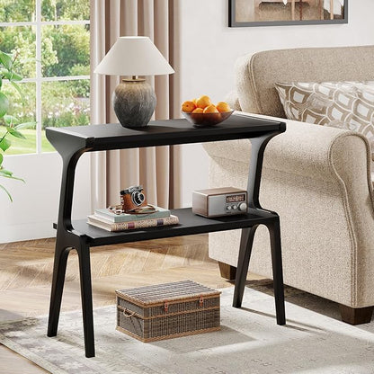 Tribesigns Solid Wood End Table, Modern Side Table for Couch, 2-Tier Narrow Tall End Table, Long Bedside Table for Living Room, Bedroom, Black