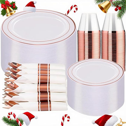 WELLIFE 350Pcs Rose Gold Plastic Plates for 50 Guests - Plastic Dinnerware Set,Party Supplies Includes 100 Rose Gold plates,150 Silverware,50 Napkins,50 Cups for Party and Christmas