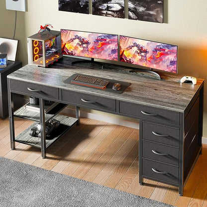 Huuger Computer Desk with 6 Drawers, 47 Inch Office Desk with Shelves, Reversible Gaming Desk, Corner Desk with Storage, Work for Home Office, Study, Living Room, Gray