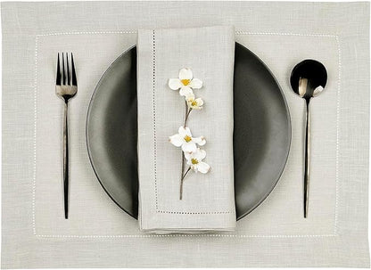 D'Moksha Homes Silver Grey Linen Cloth Placemats Set of 4-100% Pure Linen Hemstitch Placemats 14 x 19 Inch - Classic Hemstitch Table Place Mats for Christmas - Handcrafted and Machine Washable
