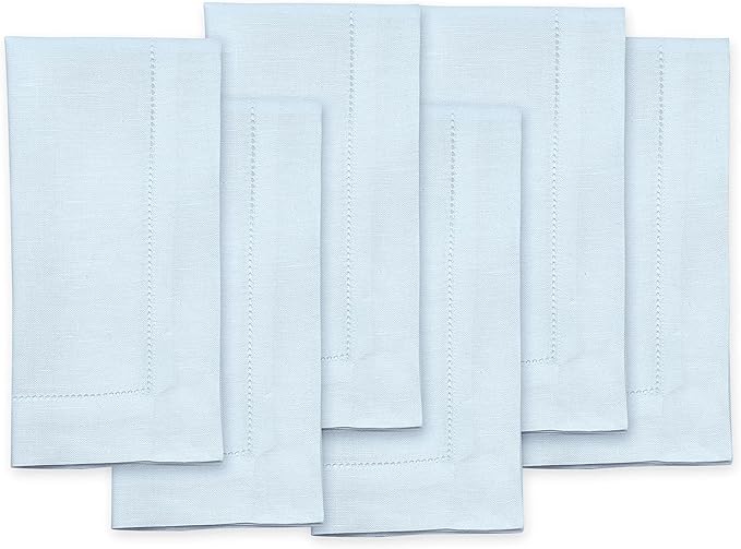 Solino Home Light Blue Linen Napkins Set of 6-100% Pure Linen Hemstitch Dinner Napkins 20 x 20 Inch for Christmas, Winter, New Year - Classic Hemstitch