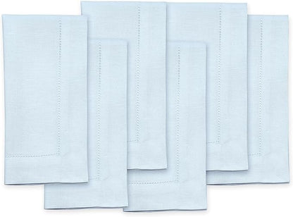 Solino Home Light Blue Linen Napkins Set of 6-100% Pure Linen Hemstitch Dinner Napkins 20 x 20 Inch for Christmas, Winter, New Year - Classic Hemstitch