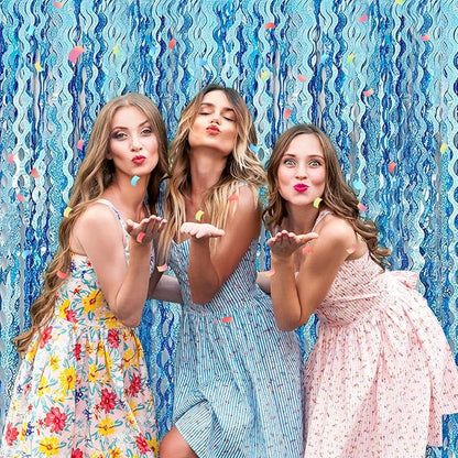 4 Pack Light Blue Fringe Curtain Backdrop 3.2Ft x 8.2Ft Metallic Tinsel Foil Fringe Streamers Background for Photo Booth, Easter, Mother's Day, Bachelorette, Wedding, Birthday Party Decoration