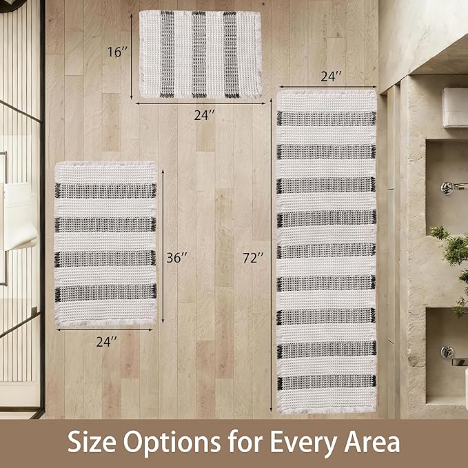 Waffle Bath Mat Non Slip, Boho Bathroom Rug, Super Absorbent Quick Dry Bathroom Mat, Soft Farmhouse Bath Rug with Tassels, Small Washable Shower Mats for Floor 16"x24", White and Black