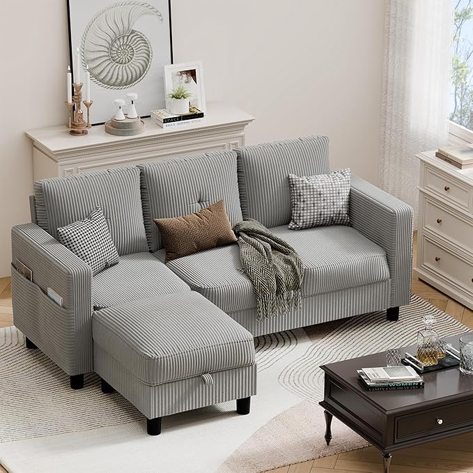JAMFLY Convertible Sectional Couches for Living Room, L-Shaped Couch 3 Seat Sectional Sofa Set with Corduroy Fabric and Movable Ottoman Small Couch for Apartments, Office(Light Grey)