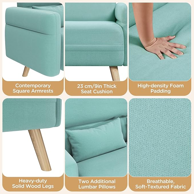 Yaheetech 46" Small Modern Fabric Sofa Loveseat Mid Century 2 Seater Sofa Couch with Lumbar Pillows, Solid Wood Legs for Living Room, Small Space, Dorm, Office, Bedroom, Aquamarine