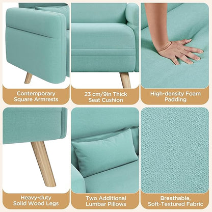 Yaheetech 46" Small Modern Fabric Sofa Loveseat Mid Century 2 Seater Sofa Couch with Lumbar Pillows, Solid Wood Legs for Living Room, Small Space, Dorm, Office, Bedroom, Aquamarine