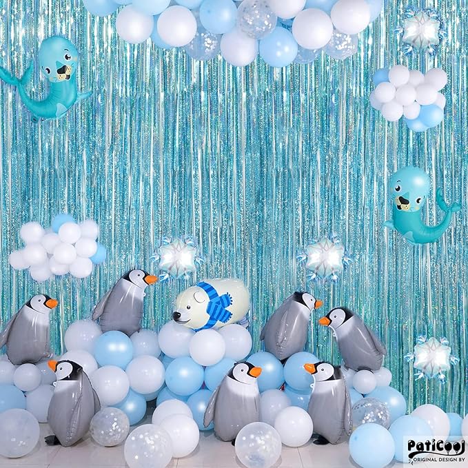 Thicken Blue Streamers 2 Pack 3.2 x 8.2 FT, Light Blue Birthday Decrorations Tinsel Backdrop Curtains, Foil Fringe Photo Backdrop for Baby Shower, Frozen, Under The Sea Party Decorations