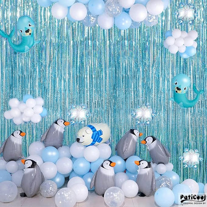 Thicken Blue Streamers 2 Pack 3.2 x 8.2 FT, Light Blue Birthday Decrorations Tinsel Backdrop Curtains, Foil Fringe Photo Backdrop for Baby Shower, Frozen, Under The Sea Party Decorations