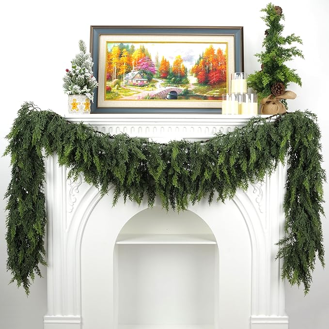 Artificial Cedar Garland, Realistic Green Pine Garland for Indoor & Outdoor Christmas Decorations, Lifelike Cedar Greenery for Mantle, Table, Staircase, and Wall (9FT(1 PC))