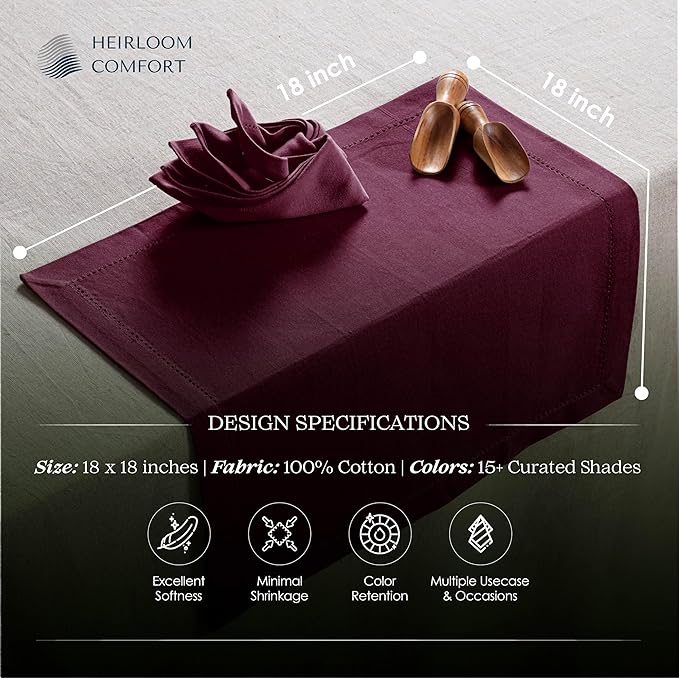 Burgundy Wine Cloth Napkins 18"x18", Set of 6-100% Cotton, Soft, Absorbent, Durable, Reusable, Washable - Hemstitch Mitered Edges - Ideal for Weddings, Receptions, Holiday Events