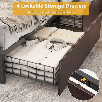 Lifezone Full Bed Frame with 2-Tier Storage Headboard, Metal Platform Bed Frame with 4 Storage Drawers, Built in Charging Station & LED, Noise-Free/Metal Support/No Box Spring Needed, Coffee Brown